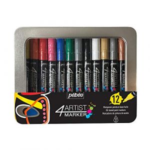 Pebeo Boite Metal 4artist Marker 12 marqueurs 4mm, Blanc/Noir/Jaune/Orange/Rouge/Rose/Bleu fonc&eacute;/Vert fonc&eacute;/Gris/Or/Argent/Cuivre, 12x4mm, Set Pi&egrave;ces