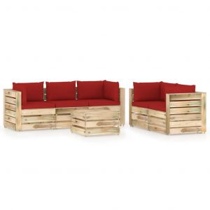 VidaXL Salon de jardin 6 pcs avec coussins Bois imprégné de vert rouge et marron