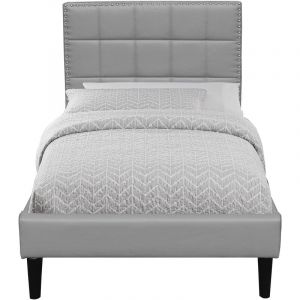 Lit riley pour matelas 90x200 - Sommier + Tête de Lit Capitonnee Couleur gris + Pieds en 16 cm pour matelas - 13 Lattes - revetement pvc Simili