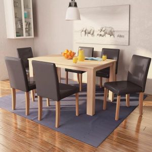 VidaXL Chêne Table et Chaises 7 pcs Cuir Synthétique Marron Mobilier de Salon