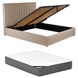 Lit coffre 140 x 190 cm avec tête de lit coutures verticales - Tissu - Beige + Matelas - SARAH
