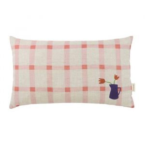 NOBODINOZ Coussin 44 x 25 cm en lin français - Carreaux roses motif tulipe | lin | décoration | moment convivial