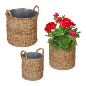 Relaxdays Pot de Fleur Rond, Lot de 3, en zostère, Panier pour Herbes, Plantes et Fleurs, Jardin, Balcon, Nature