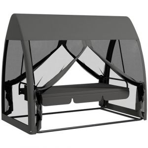 Outsunny Balancelle de jardin convertible 3 places - matelas assise dossier, moustiquaire int&eacute;grale, toit - m&eacute;tal polyester gris