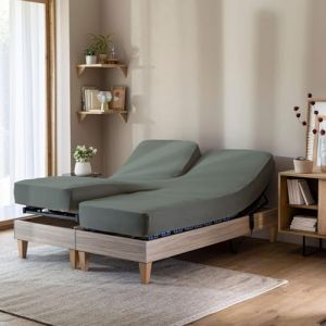 Terre de Nuit Drap housse vert lichen pour lit articul&eacute; jersey extensible 2x70x190