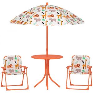 Salon de jardin enfant - AIYAPLAY - table enfant avec 2 chaises pliantes, parasol &Oslash;100cm - motif animal - plastique - orange