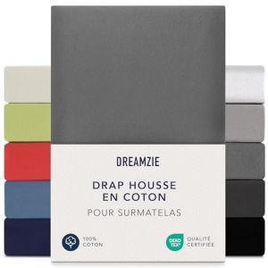 Dreamzie Drap Housse Surmatelas 180x200 cm - 200x200 cm, Jersey 100% Coton, Hauteur De Surmatelas Jusqu'&agrave; 15 cm, Hypoallerg&eacute;nique, Oeko-Tex, Anthracite (BMS France, neuf)
