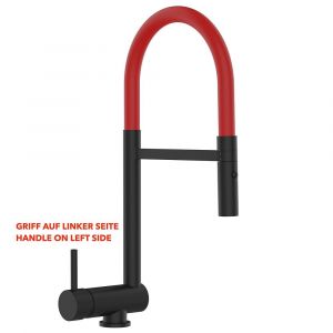 Image de Robinet De Cuisine Mitigeur Noir Mat Rabattable Sous Fenêtre 60mm - Poignée À Gauche - Bec Rouge Orientable Et Douchette 2 Jets Détachable Vizio