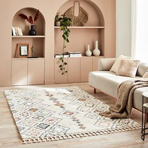 Nazar Tapis de salon rectangulaire - 160x230cm - berbere shaggy a frange a motif geometrique RUGS - DELYA 3144 - Creme - blanc