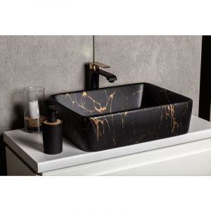 Vasque à poser rectangulaire en céramique TANUMA noir mat marbré doré 47.5 x 36.5 x 13 cm