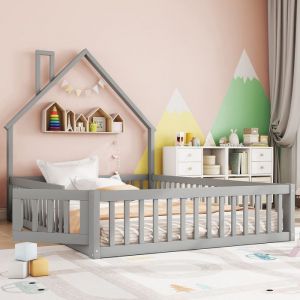 Lit cabane enfant 140 x 190 cm - Lit avec sommier &agrave; lattes - Bois massif - gris (sans matelas)