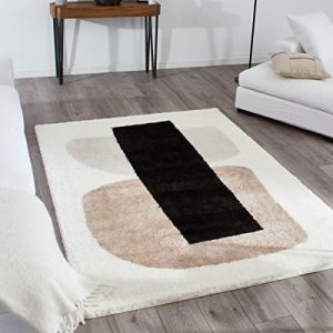 Nazar Tapis shaggy design graphique beige, gris et noir - 120x160 cm