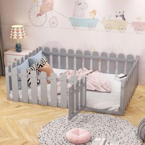 Modfu - Lit enfant simple, avec porte et barrière, en bois, sans matelas, sans sommier à lattes, gris, 140x200cm