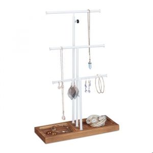 Relaxdays Pr&eacute;sentoir &agrave; bijoux, 3 barres, forme de t, colliers, boucles d'oreilles & bracelets, bois & m&eacute;tal, blanc/brun