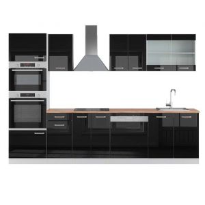 Cuisine R-Line, Noir brillant/Blanc, 300 cm avec armoire haute, PT Chêne, Vicco