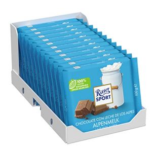 RITTER SPORT-Lait des Alpes Tablette 100 g, Chocolat au lait entier avec une fine note de miel et de caramel, A emporter partout-Boite de 12 tablettes