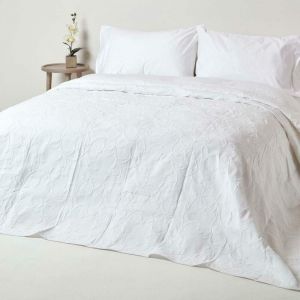Couvre-Lit Blanc Matelassé Motif En Relief Arabesques Florales - 180 X 260 Cm