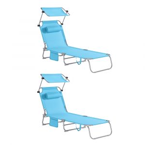 Sobuy OGS48-Bx2 Lot de 2 Bains de Soleil Chaises Longue Transats de Jardin Pliable Position r&eacute;glable avec Parasol Pare Soleil - Bleu