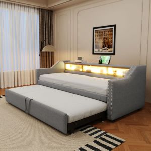 Lit banquette gigogne 90/180x190cm en lin - avec LED & USB - avec sommier &agrave; lattes - Gris clair