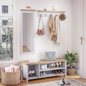 Ensemble de Meubles de Couloir,Ensemble de Banc à Chaussures Miroir Mural et Porte-Manteaux,pour Entrée Couloir,Gris - Mondeer
