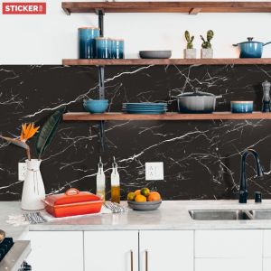 Stickerdecofr - Cr&eacute;dence Adh&eacute;sive Marbre Noir &Eacute;lectrique 200 x 60 cm