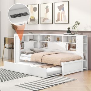 Image de Canapé-lit 90x200 cm avec lit gigogne 90x190 cm, USB, Lit enfant, Plusieurs compartiments de rangement, Sans matelas, blanc