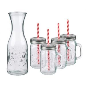 Alpina Ensemble Verrerie 6 Pièces - Carafe en Verre 1L et Verres à Eau - Verres Mason Jar avec Couvercle et Paille - Verre à Eau Design Élégant pour Boissons et Cocktails