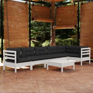 VidaXL Salon de jardin 7 pcs avec coussins Blanc Bois de pin