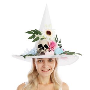 Ruedelafete Chapeau de sorci&egrave;re adulte blanc avec fleurs