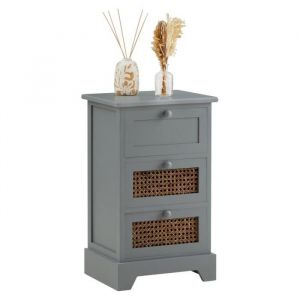 Chiffonnier ROSHNI 3 tiroirs, en bois lasuré gris et rotin