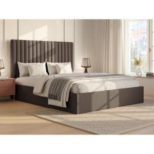 Lit coffre 160 x 200 cm avec tête de lit coutures verticales - Velours côtelé - Taupe - sarah