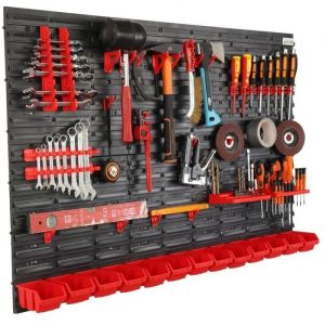 Mur d'outils &Eacute;tag&egrave;re murale avec 116x78cm de dimensions R&eacute;cipient 13 pcs. en noir/rouge Porte-outils &Eacute;tag&egrave;re d'atelier en plastique