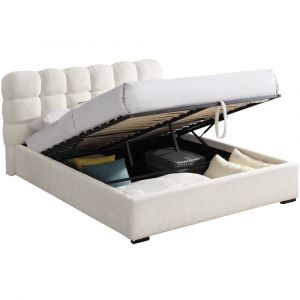 Lit coffre adulte 180x200 cm avec sommier et tête de lit capitonnée en tissu bouclé beige - Lola