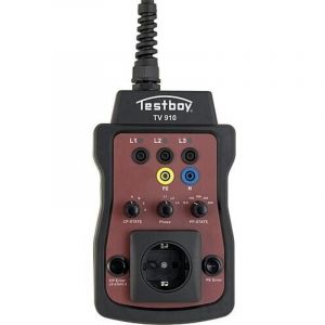Testboy TV 910 Adaptateur de test pour stations de recharge, adaptateur EVSE (pour Wallbox avec et sans câble, affichage LED et prise de courant Schuko, CAT III 400V, outil d'électricien avec sacoche)