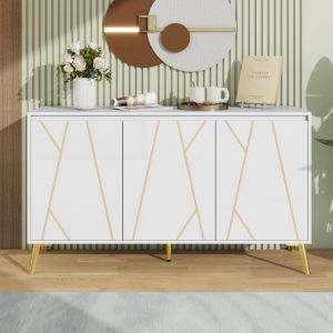 Buffet 140x40x80cm - avec 3 portes avec ligne unique, sans poignée - pour salle à manger, salon, cuisine - Blanc