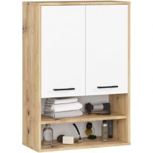 Armoire salle de bains suspendue AKORD FIN Ch&ecirc;ne Artisan 64 cm 2 portes fa&ccedil;ade Blanche 4 &eacute;tag&egrave;res 64x30x94 cm
