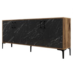 Menzzo Buffet bas 4 portes Vranus 180cm Bois Naturel et Noir effet marbre et M&eacute;tal Noir