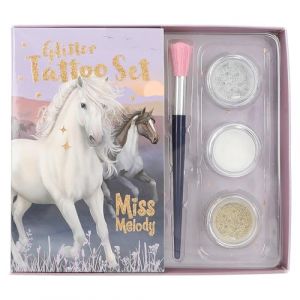 Depesche 12657 Miss Melody Night Horses-Kit Enfants avec 41 Tatouages adhésifs, 1 Pinceau et 3 poudres Scintillantes en Argent, Blanc et Or, Black, Petit
