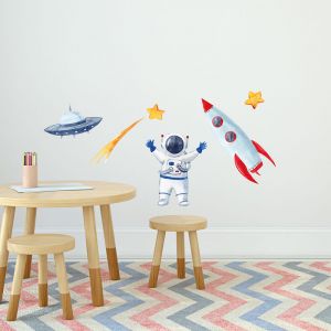 Plage Sticker décoratif, direction Mars astronaute et fusée, style aquarelle, 68 cm X 24 cm