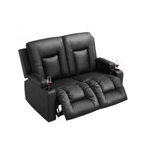 Fauteuil Salon Relax Inclinable, Dossier Réglable avec Porte-gobelet, Poches Latérales, Accoudoirs, Repose-Pieds, Cuir pu, Bureau, Chambre, Noir, 2