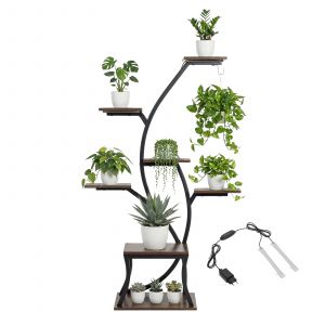 Todeco Support Pour Plantes Avec Lumiere De Croissance, 7 Niveaux, 115cm En Metal Et Bois, Etagere A Plantes En Forme D'arbre Pour La Maison