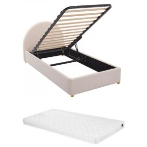 Lit coffre 90 x 190 cm - Tissu bouclette - Crème + Matelas - lirimo