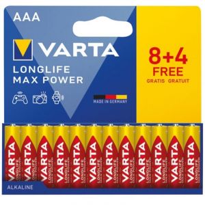 Varta Piles AAA, 8+4 (lot de 12), Longlife Max Power, Alcalines, 1,5V, emballage recyclé à 90%, adaptées aux appareils photo numériques, contrôleurs, Made in Germany