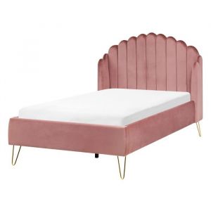 Beliani Lit en Velours 120 x 200 cm Pieds en Métal Tête de Lit en Forme de Coquillage Rose Ambillou