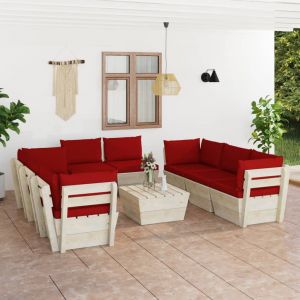 Image de VidaXL Salon de jardin palette 9 pcs avec coussins Épicéa imprégné Rouge bordeaux