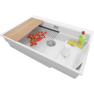 Primagran - vier Cusine en Granit 78x53 cm Lavabo Cuisine 1 Bac + Kit de Vidage, Évier au meuble 80 cm, Évier à Encastrer de Blanc