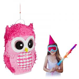 Relaxdays Pinata hibou, mignon, à remplir soi-même, anniversaire, à suspendre, pour enfants, rose