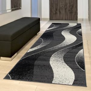Image de TAPISO Tapis de Passage Poil Court DREAM Noir Argent&eacute; Gris Ondes Polypropyl&egrave;ne Int&eacute;rieur 70x200 cm