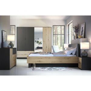 Chambre complète MELODY – Lit coffre 180x200 + armoire + commode + chevets – Noir graphite et chêne clair – Matelas non inclus