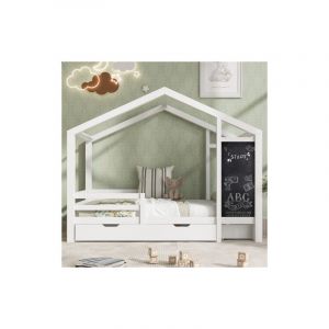 Lit cabane enfant 90x200, en bois massif, 2 tiroirs, clôture et sommier à lattes, blanc